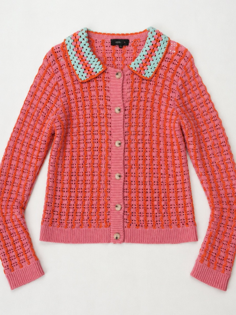 4SI3NNA Anthropologie Crochet Open Stitch Granny Collar Cardigan Pink S